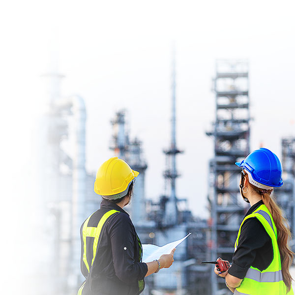 Zwei Ingenieurinnen mit Schutzhelmen und Plänen vor einer Raffinerie